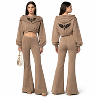 Conjunto de Sudadera Corta con Cremallera y Pantalones Acampanados para Mujer, Chándal Casual de Estilo Urbano, Conjunto de Descanso de Algodón y Felpa, Atuendo Combinado