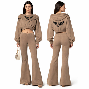 ชุดเซ็ตฮู้ดดี้ครอปซิปสำหรับผู้หญิง กางเกงขาบาน ชุดลำลองสไตล์สตรีทแวร์ ชุดลำลองผ้าฝ้ายฟลีซเข้าชุด - Product Image 1