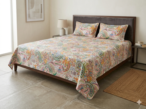 Couvre-lit imprimé floral et oiseaux, style bohème, moderne, toutes saisons, en denim patchwork, rembourrage en coton fait main, pour usage domestique - Product Image 3