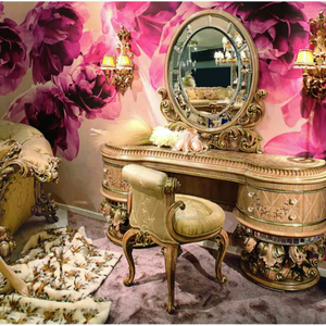 European Royal Classic Solid Mahogany Dressing <b>Table</b> with Oval <b>Mirror</b> Full Gold Carved Antique Vanity for Resort Villa Bedroom - Product Image 2