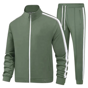 Survêtement vert olive pour homme, sweat-shirt à fermeture éclair intégrale avec poches latérales, couleur unie, pantalon de jogging sportif, vêtements d'automne, matière polyester - Product Image 1