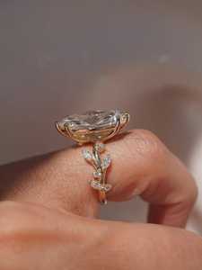 <b>Vintage</b> Marquise Cut Lab Diamond Engagement <b>Ring</b> , Nature Leaf Design , 14K <b>Gold</b> Art Deco , IGI Certified - Product Image 1