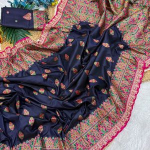 Sari en pashmina de qualité supérieure avec broderie contrastante et bordure à motifs, accompagné d'un chemisier assorti non cousu par Royal Export - Product Image 2