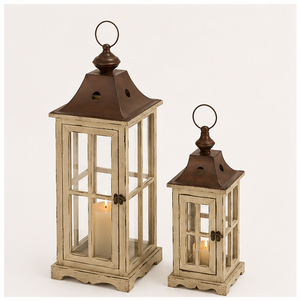 Farmhouse Wood and Metal Candle <b>Lantern</b> <b>Set</b> of 2 Distressed White Decorative <b>Lantern</b> with Glass Panels for Indoor Outdoor Home - Product Image 1