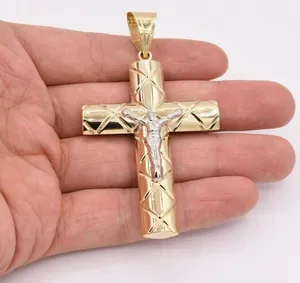 Colgante de Cruz con Crucifijo de Jesús de 3.25 Pulgadas, Corte Diamante, Moissanita, Oro Amarillo y Blanco de 10K, Amuleto Religioso - Product Image 3