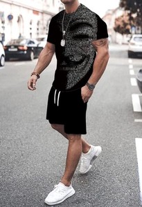 เสื้อยืดกีฬาถักนิตติ้ง คอทรงกลม สีพื้น ดีไซน์เข้าชุดกับกางเกง สำหรับใส่ในชีวิตประจำวันและออกกำลังกาย ชุดเซ็ต 2 ชิ้นสำหรับผู้ชาย - Product Image 3