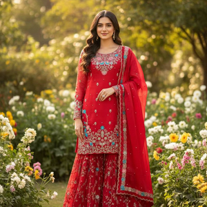 Conjunto de traje Anarkali Sharara de seda JMC premium con lentejuelas y adornos de remaches. - Product Image 1