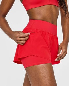 2026 Latest Muscle Mommy Red Unified Double <b>Layer</b> Men Shorts Elastic Waist Solid Zip Pocket <b>Mid</b> Waist 2 1 Shorts Sweat Wicking - Product Image 6