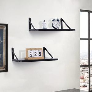 Set of 2 <b>Black</b> Floating Wall Shelves with Heavy Duty Metal Triangle Brackets Modern Wooden Display Shelves for Living Room <b>Bed</b> - Product Image 2