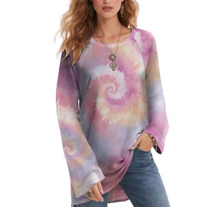 Chemises colorées style tie-dye pour femmes, col rond, manches longues et larges, haut confortable, décontracté et léger - Product Image 1