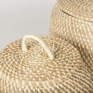 Set of 2 Handmade Seagrass Floor <b>Baskets</b> with Flat Handles Natural <b>Woven</b> Textured Storage Kingcraftviet - Product Image 5