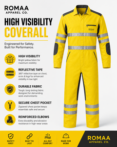 Fluorescent Yellow Charcoal Grey Reflective Industrial <b>Work</b> Coverall with Reinforced Elbows Chest Zip Pocket and Safety Tape - Product Image 2