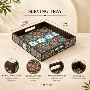 ถาดเสิร์ฟไม้ลายแมนดาลาสีสันสดใส |   ถาดเคลือบสีสันสดใสทรงสี่เหลี่ยม พร้อมหูจับ ขอบยกสูง เหมาะสำหรับงานแต่งงาน โต๊ะอาหารแบบดั้งเดิม ใช้ในบ้าน - Product Image 5