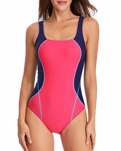 Traje de baño de una pieza para mujer, cuello cuadrado, bloques de color, ribete en contraste, cintura alta, elástico, ajuste regular, tejido de punto - Product Image 5