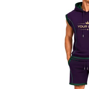 Mens Dark Purple Dark Green <b>Sleeveless</b> Hooded Tracksuit Set Custom Logo Gym Fitness Training Sports <b>Hoodie</b> And Shorts Activewear - Product Image 3