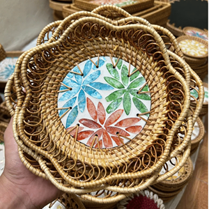 Mosaic Rattan Serving Tray Mother Pearl Inlay: RoRattan Trays with mother of pearl inlay handcrafted rattan material for serving - Product Image 1