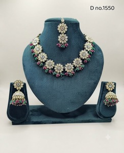 Flower Designer <b>Link</b> Necklace Set With Earrings & Tika Crystal Beaded Droplets Fashion <b>Jewellery</b> Set Festive Wear <b>Jewellery</b> Sets - Product Image 1