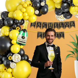 ชุดตกแต่งพรีเมียมสำหรับเจ้าบ่าว |   ลูกโป่งคอนเฟตติสีเหลืองสีดำสีขาว 58 ชิ้นพร้อมจุดกาวและแบนเนอร์ปาร์ตี้ - Product Image 5