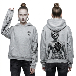 Sudadera con capucha verde azulado personalizada para mujer, con detalle de cordones en las mangas, estampado trasero con diseño victoriano, estilo gótico pastel desgastado. - Product Image 4