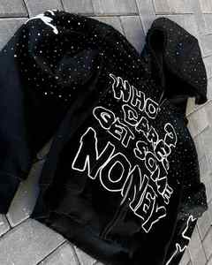 Sweat à capuche zippé oversize tendance streetwear pour hommes et femmes, avec impression graphique personnalisée, strass étoile, en coton épais - Product Image 3