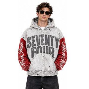 Sudadera con capucha estampada Seventy Four para hombre, roja, estilo urbano, con cremallera, de forro polar, talla grande, para otoño - Product Image 2