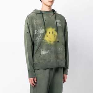 Men's Oversized Hooded Sweatshirt Green <b>Spray</b> Print Smiley Face Streetwear Knitted Cotton Distressed Hoodies - Product Image 5