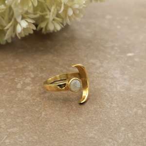 Handcrafted Natural Round Rainbow Moonstone Bezel Setting <b>Ring</b> 14k Gold Plated Brass SHYAM JEWELRS Boho Statement Jewelry Unisex - Product Image 2