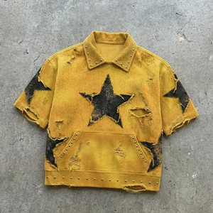Streetwear Clothing Custom HeavyWeight Boxy Fit Tee <b>Patchwork</b> Embroidery Oversized Corduroy T <b>Shirt</b> With Rivets for Men - Product Image 1