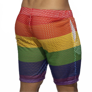 Pantalones Cortos de Malla Arcoíris para Hombre, de Cintura Media con Cordón, Diseño Casual a Rayas, Transpirables, con Agujeros, Ligeros - Product Image 4