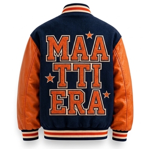 <b>Men</b> <b>Jacket</b> Navy Orange Leather Sleeve Embroidered MATTIERA Back <b>Letter</b> Design Preppy Style Autumn Wear - Product Image 1