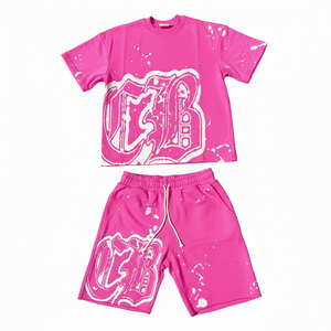 Factory Price Summer Casual Solid Color Crew Neck Men's Short-Sleeve T-Shirt & Shorts 2 Pieces Sets in multi colors 350gsm - Product Image 4