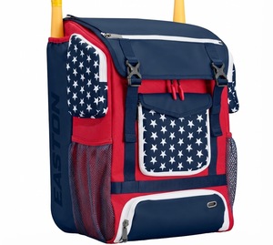 Sac à dos de sport Easton 50-70L avec poches latérales en maille et compartiment avant, design étoiles rouge bleu blanc - Product Image 1