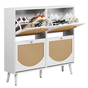 Scarpiera a 2 ripiani con 4 vani, a gamba alta, in rattan curvo, in truciolato e rattan sintetico, 105x24x98 cm, con telaio bianco - Product Image 3