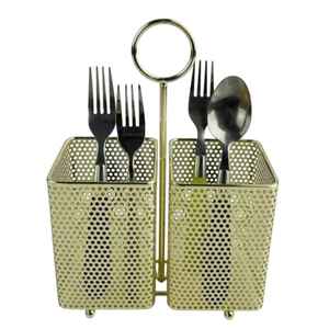 Support à couverts double en acier inoxydable doré avec poignée, organisateur d'ustensiles de cuisine, panier de rangement pour cuillères et fourchettes, support à couverts de table - Product Image 2