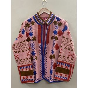 Pink Knitted Embroidered Floral tnt suzani Jacket Mandarin Collar Full Sleeve Bohemian Style <b>Women's</b> <b>Coat</b> <b>Spring</b> Wear - Product Image 6
