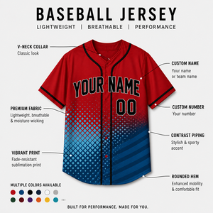 Maillot de baseball unisexe personnalisé avec nom d'équipe, impression par sublimation, col en V, manches courtes, évacuation de l'humidité, 100 % polyester, maille rouge et bleue - Product Image 6