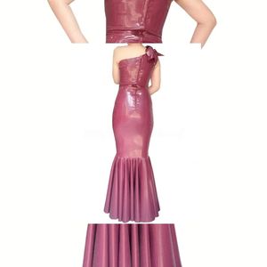 One Shoulder PU Leather Midi <b>Dress</b> With Ruffles Mermaid Hem Bodycon Fit Party Wear Sleeveless Solid Color Sexy Style - Product Image 3