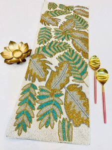 Embroidered <b>Table</b> <b>Runner</b> with Plant Pattern in Blue Green and Gold Bohemian Style for Home Decor Washable - Product Image 2