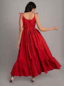 Vestido largo maxi rojo de verano para mujer con cuello cuadrado, tirantes finos, sin mangas, cintura imperio y corte A, estilo bohemio casual - Product Image 4