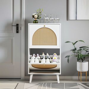 FCH 2 Dump Buckets High Feet Rattan Shoe Cabinet 54*24*98cm White <b>Frame</b> Particle Board <b>Plastic</b> Rattan Original W Shoe Racks - Product Image 1
