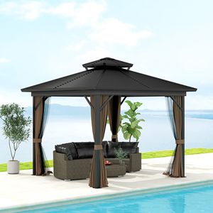 Gazebo à toit rigide brun foncé 10FT X 10FT avec structure en aluminium et toit en métal, rideaux à crochets inclus - Product Image 2