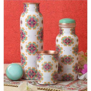 Handmade Pure Copper Water <b>Bottle</b> Set with Tumbler Ayurvedic Health Benefits Leak-Proof Sports <b>Flask</b> Lacquer Finish Giftware - Product Image 1