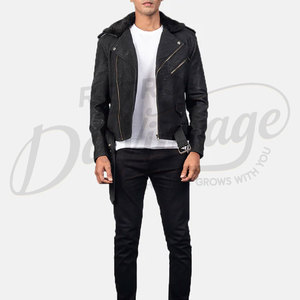 Chaqueta de cuero negra para hombre, estilo motero, de piel de oveja auténtica, con cremallera asimétrica y cuello de piel sintética extraíble. - Product Image 3