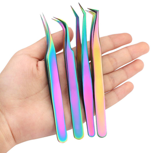 Ensemble de pinces à cils à pointe incurvée en titane multicolores, 4 pièces, pinces à cils pour l'épilation, finition miroir - Product Image 4