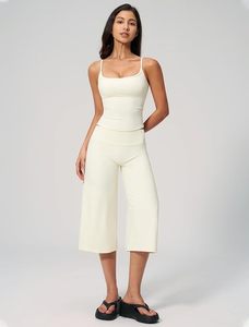 Women High Waist Yoga Set <b>Tank</b> <b>Top</b> and Culotte Outfit Solid Color <b>Spaghetti</b> <b>Strap</b> Seamless Breathable Elastic Waist Fitness Wear - Product Image 2