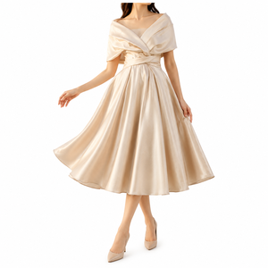 Champagne Satin off Shoulder A-Line Midi <b>Dress</b> Women Elegant Line Evening Party <b>Vintage</b> Cocktail <b>Wedding</b> <b>Guest</b> <b>Dress</b> - Product Image 1