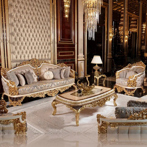 Juego de Sofás Acolchados Victorianos Ajustables de Lujo y Ecológicos, con Marco de Madera Tallada en Dorado, Respaldo Acolchado y Cubierta de Terciopelo para Sala de Estar - Product Image 1
