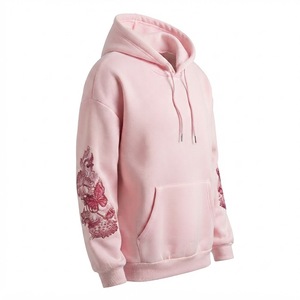 เสื้อฮู้ดดี้ปักลายลูกไม้ ผ้าฝ้ายถักทรงปกติ สีพื้น สไตล์ฤดูใบไม้ร่วง สีชมพู เสื้อโอเวอร์ไซส์สตรีทแวร์สำหรับผู้หญิง พิมพ์ลายด้านหน้าตามสั่ง - Product Image 3
