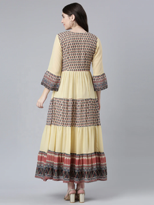 Elegant Beige Printed Tiered Maxi Dress with Ethnic Motifs Flowy Silhouette and <b>Three</b>-Quarter Sleeves for Festive Casual Wear - Product Image 4