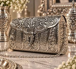 Handmade Vintage <b>Silver</b> Plated Metal Clutch <b>Bag</b>, Ornate Floral & Fluted Carved Ethnic <b>Evening</b> Handbag for Women - Product Image 4